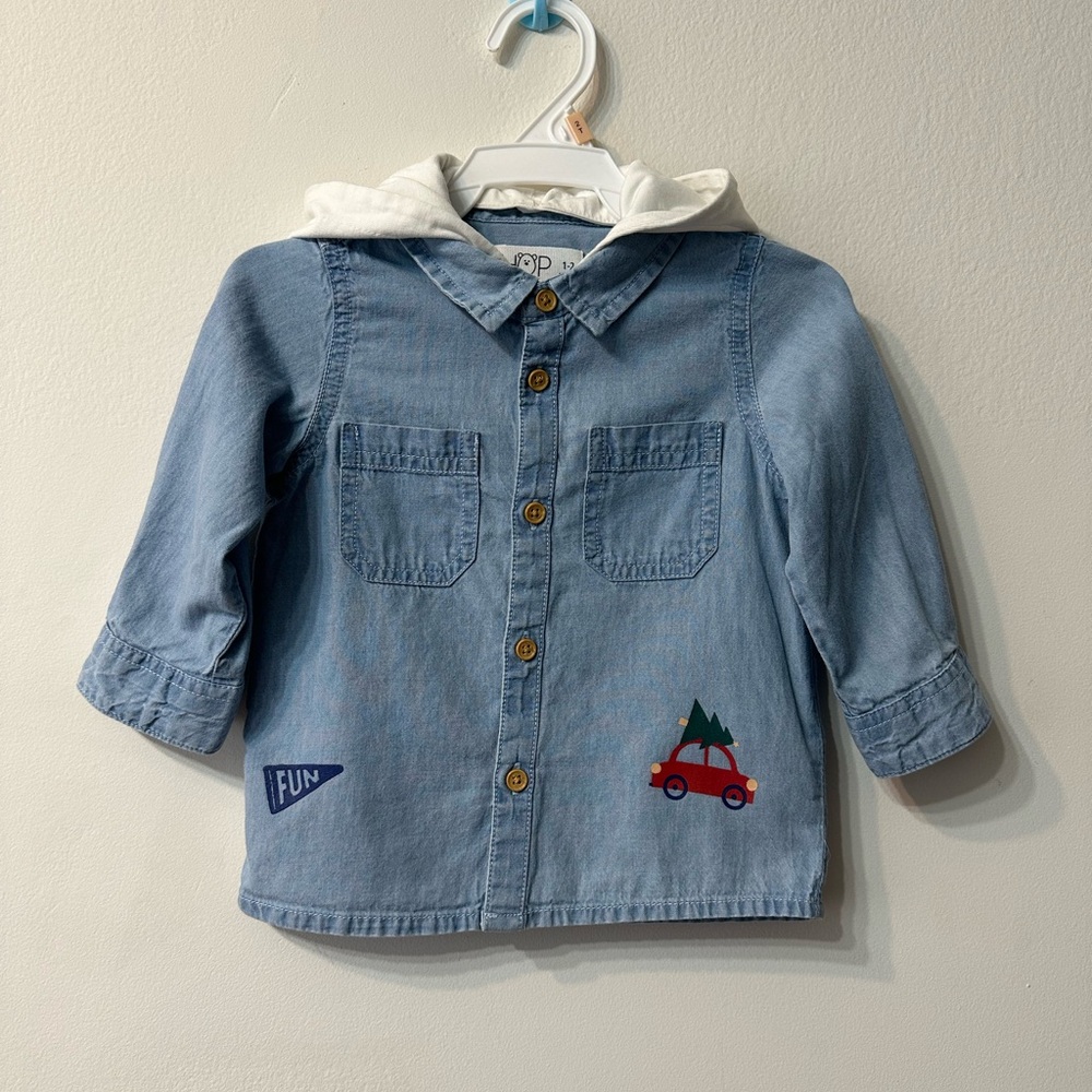 HOP Button-Up Hooded Collared Shirt Blue Car 1-2 Years Long Sleeve Cotton